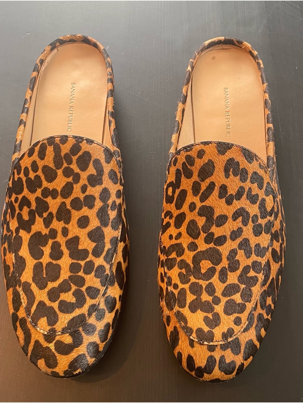 Banana Republic Leopard Print Calf hair Slide Loafers in Black and Tan
